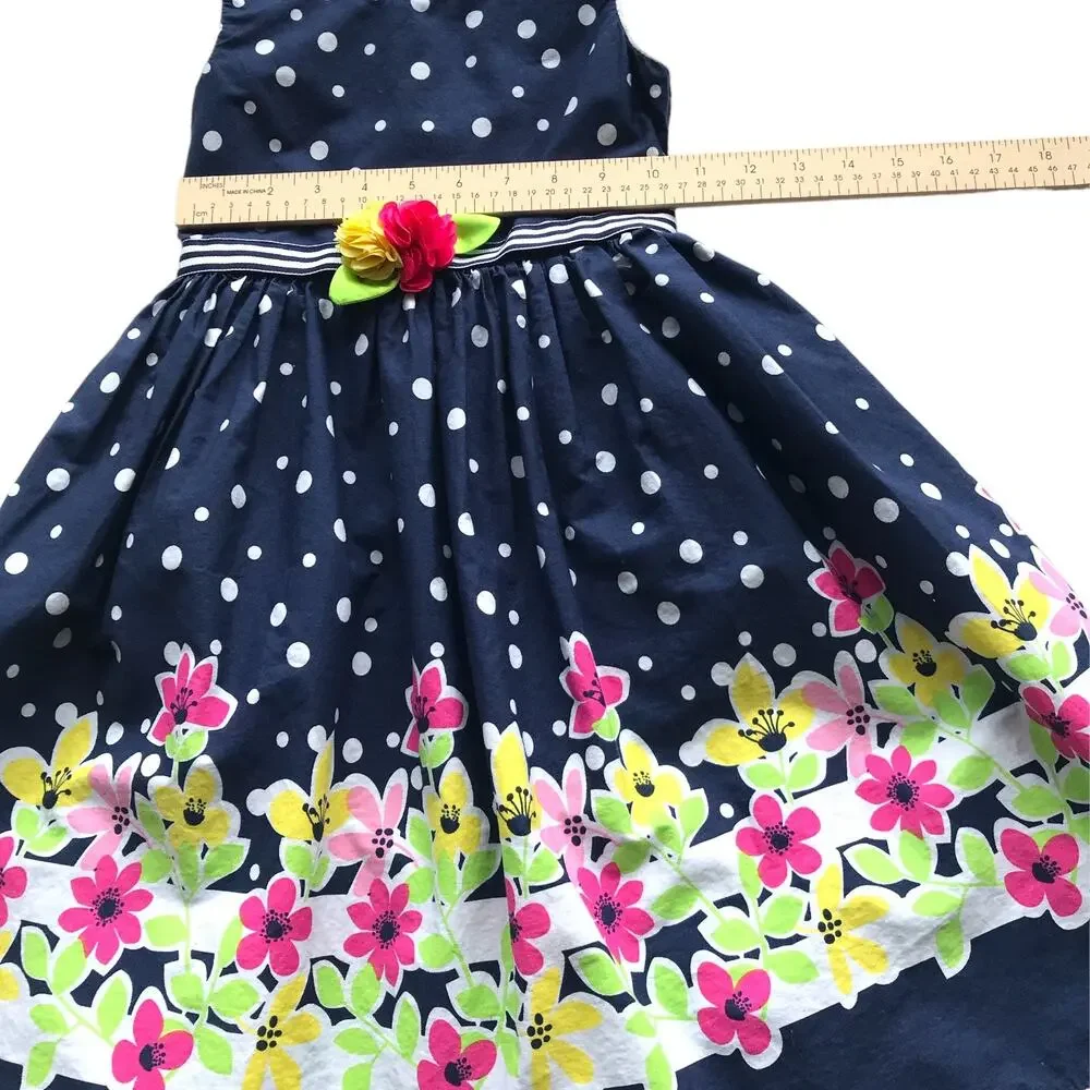Youngland Dress Navy Blue Floral Polka Dots Sleeveless A-Line Girls Size 6X